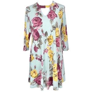 S Honeyme Blue Floral Print Keyhole V Neck Light Blue Flowy Tunic Slinky Dress